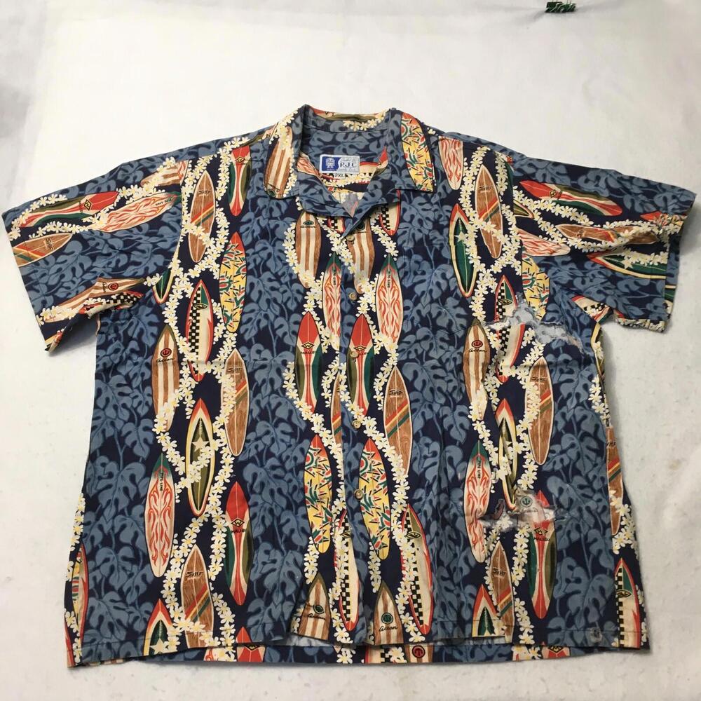 Vintage RJC Hawaiian Shirt Mens 2XL blue ALOHA Relax camp NEEDS REPAIRING